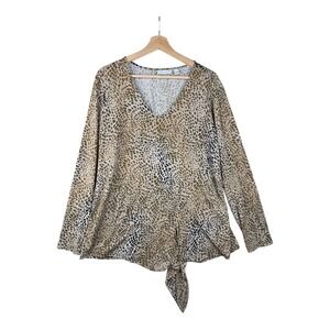 Susan Grave Animal Print‎ Liquid Knit Side Tie V-Neck Top size XL Brown/Tan